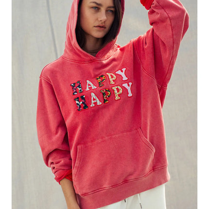 Urban Daizy "Happy Happy" Vintage Washed Hoodie - Red