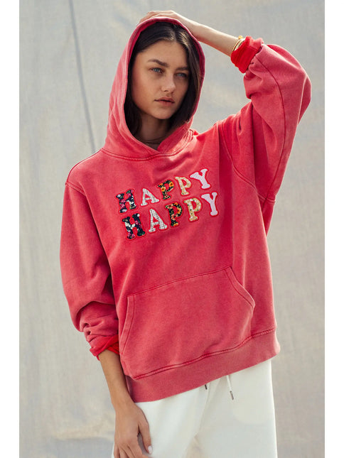 Urban Daizy "Happy Happy" Vintage Washed Hoodie - Red