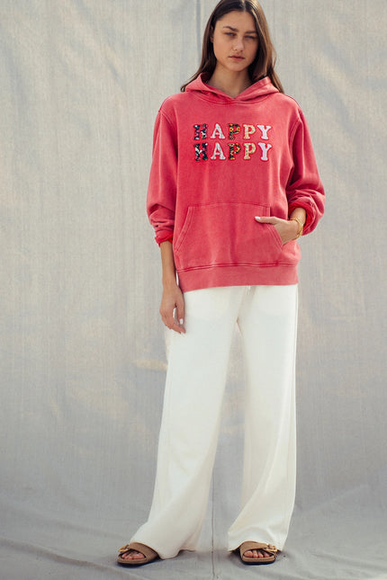 Urban Daizy "Happy Happy" Vintage Washed Hoodie - Red
