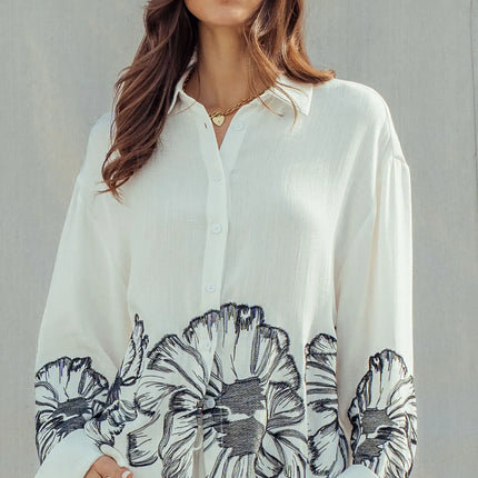 Urban Daizy Floral Embroidered Oversized Button Down Shirt - White