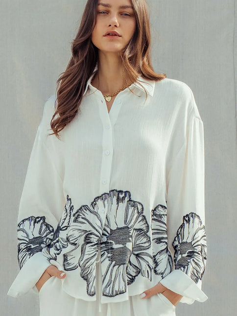 Urban Daizy Floral Embroidered Oversized Button Down Shirt - White