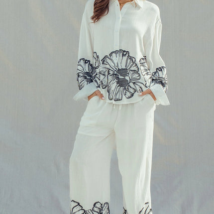 Urban Daizy Floral Embroidered Oversized Button Down Shirt - White