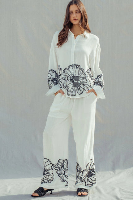 Urban Daizy Floral Embroidered Oversized Button Down Shirt - White