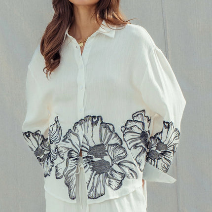 Urban Daizy Floral Embroidered Oversized Button Down Shirt - White