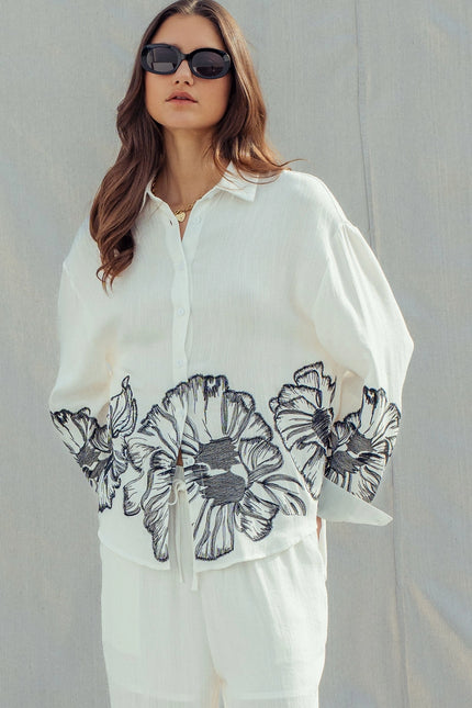 Urban Daizy Floral Embroidered Oversized Button Down Shirt - White