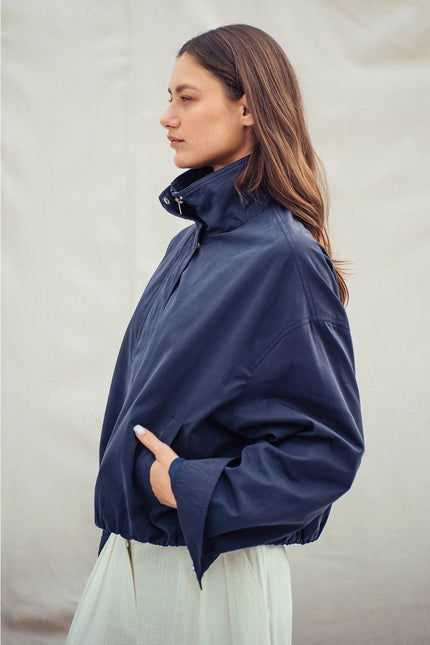 Urban Daizy Collar Camel Zip Jacket - Navy