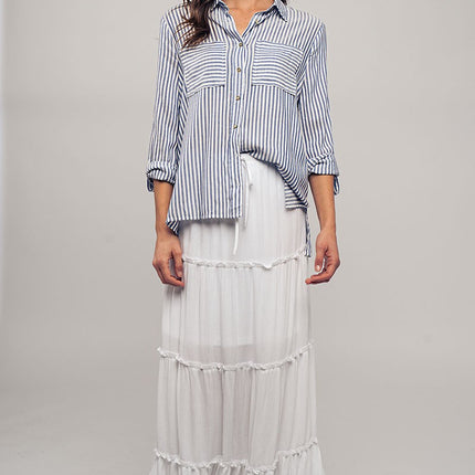 Urban Daizy Relaxed Fit Vertical Striped Rayon Button Down Shirt - Blue