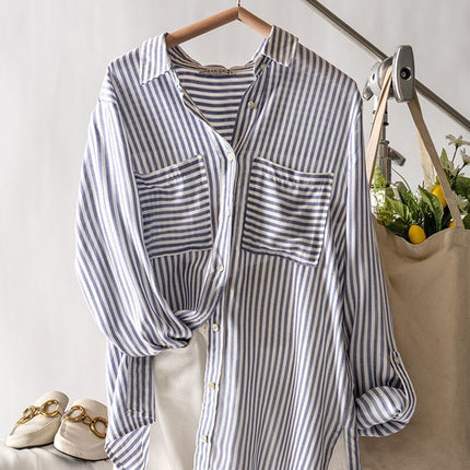 Urban Daizy Relaxed Fit Vertical Striped Rayon Button Down Shirt - Blue