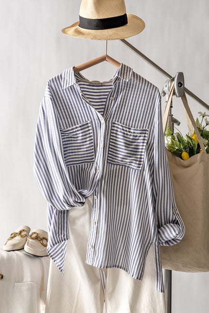 Urban Daizy Relaxed Fit Vertical Striped Rayon Button Down Shirt - Blue