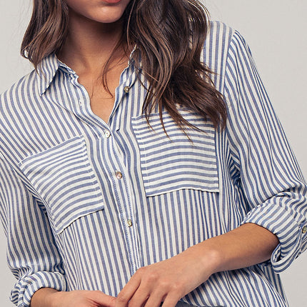 Urban Daizy Relaxed Fit Vertical Striped Rayon Button Down Shirt - Blue