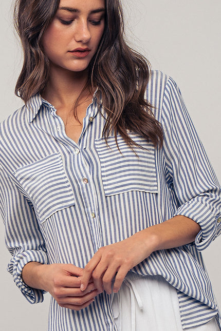 Urban Daizy Relaxed Fit Vertical Striped Rayon Button Down Shirt - Blue