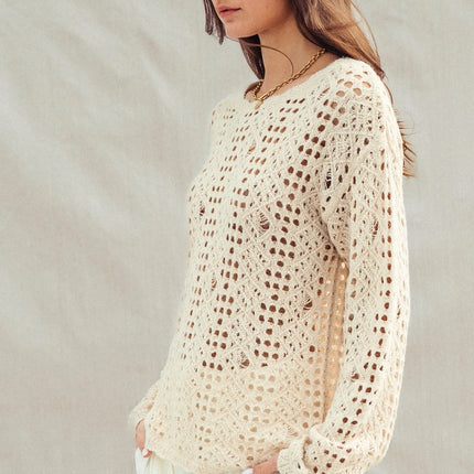 Urban Daizy Relaxed Open-Knit Crochet-Style Sweater - Natural