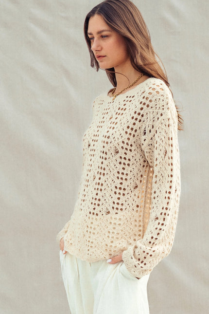 Urban Daizy Relaxed Open-Knit Crochet-Style Sweater - Natural