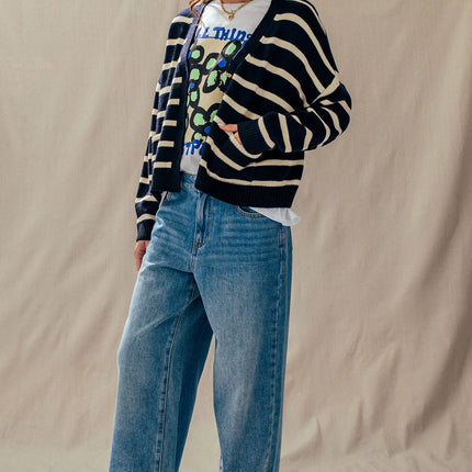 Urban Daizy Striped Cropped V Neck Embellished Button Cardigan - Ivory & Navy