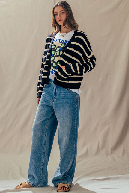 Urban Daizy Striped Cropped V Neck Embellished Button Cardigan - Ivory & Navy