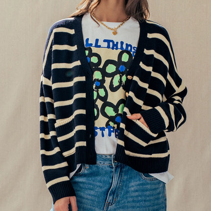 Urban Daizy Striped Cropped V Neck Embellished Button Cardigan - Ivory & Navy