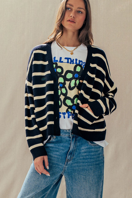 Urban Daizy Striped Cropped V Neck Embellished Button Cardigan - Ivory & Navy
