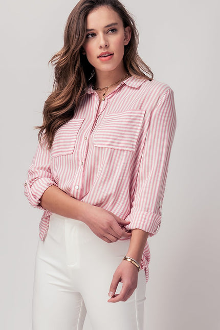 Urban Daizy Relaxed Fit Vertical Striped Rayon Button Down Shirt - Pink
