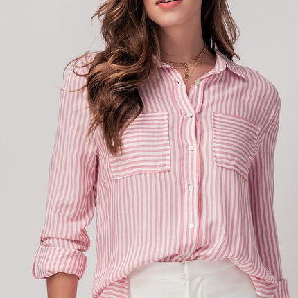 Urban Daizy Relaxed Fit Vertical Striped Rayon Button Down Shirt - Pink