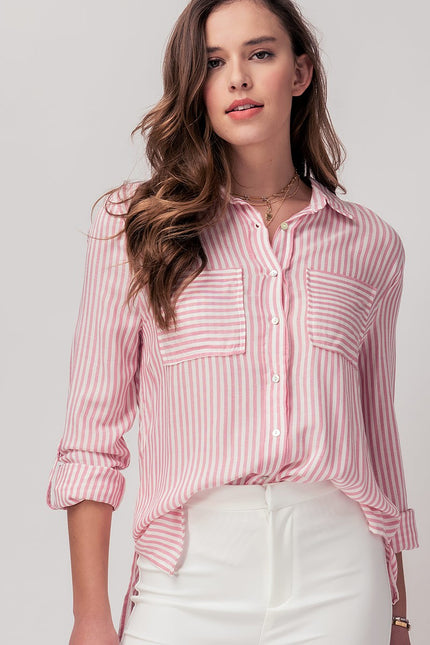 Urban Daizy Relaxed Fit Vertical Striped Rayon Button Down Shirt - Pink