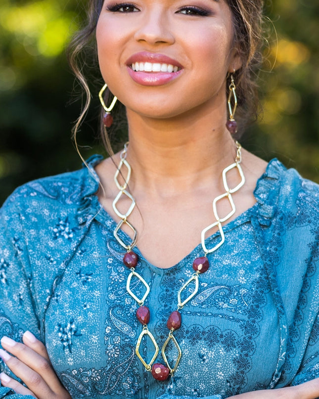ANJU Gold-Plated Long Necklace with Red Jasper Stones