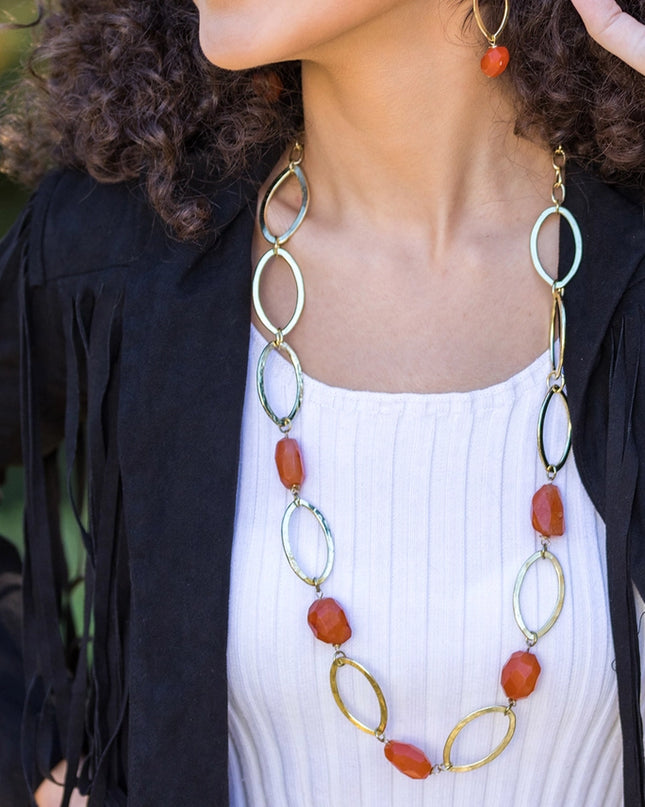 ANJU Gold-Plated Long Necklace with Carnelian Stones
