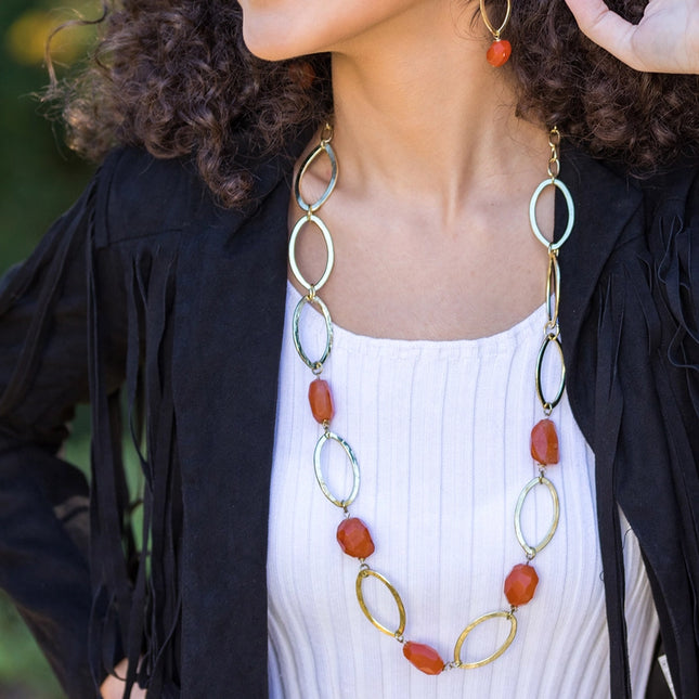 ANJU Gold-Plated Long Necklace with Carnelian Stones