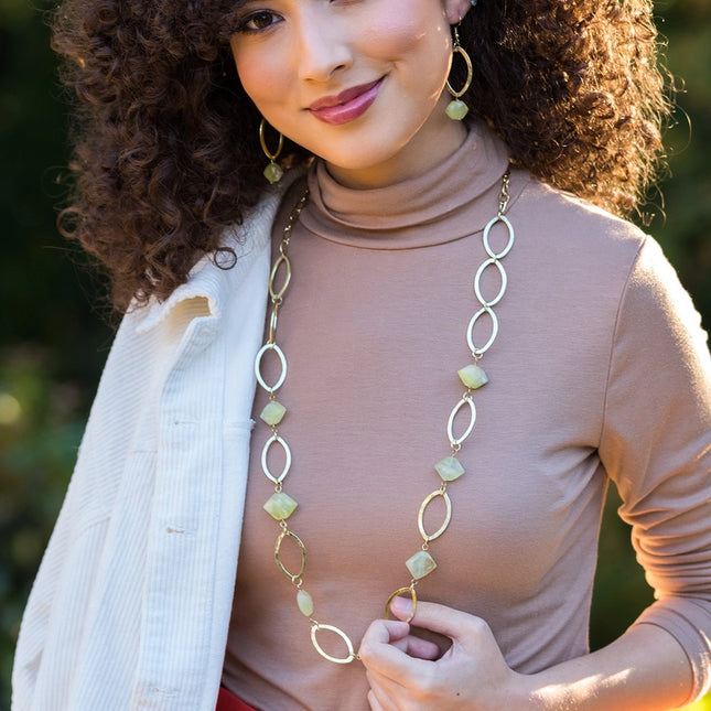 ANJU Gold-Plated Long Necklace with Prehnite Stones