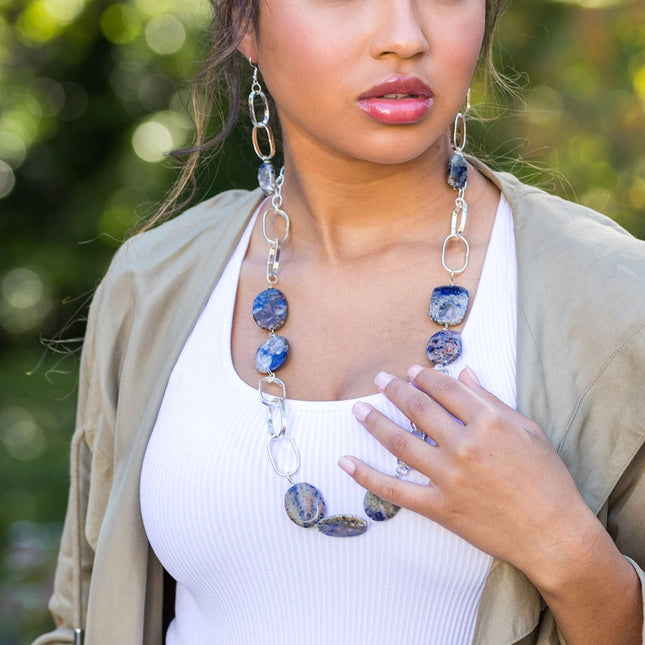 ANJU Silver-Plated Long Necklace with Sodalite Stones