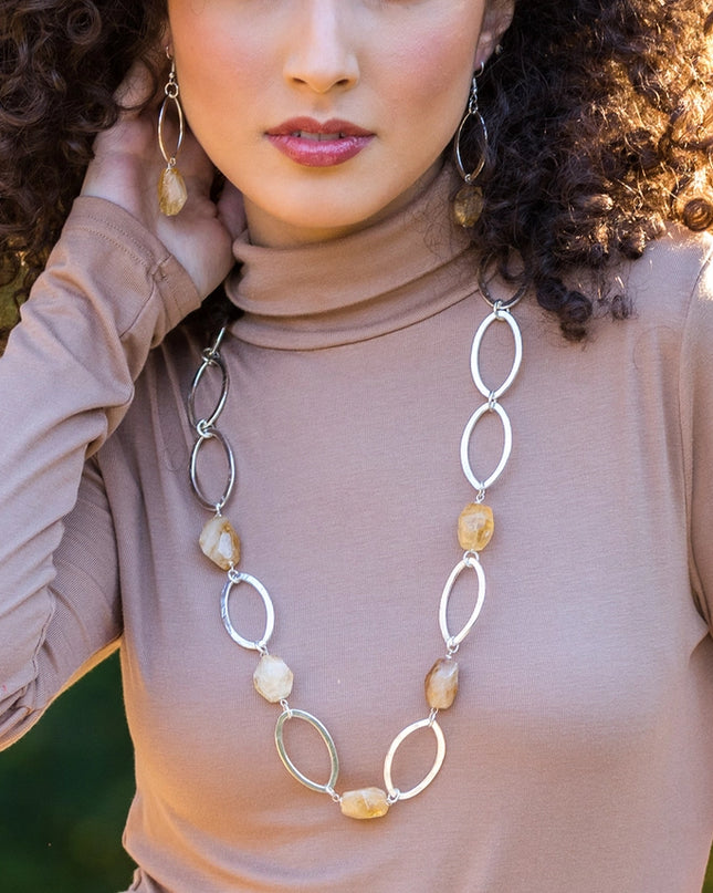 ANJU Silver-Plated Long Necklace with Yellow Aventurine Stones