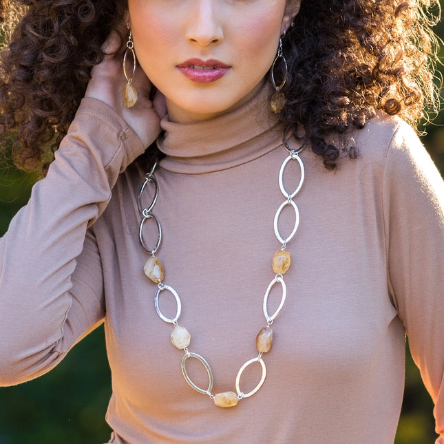 ANJU Silver-Plated Long Necklace with Yellow Aventurine Stones