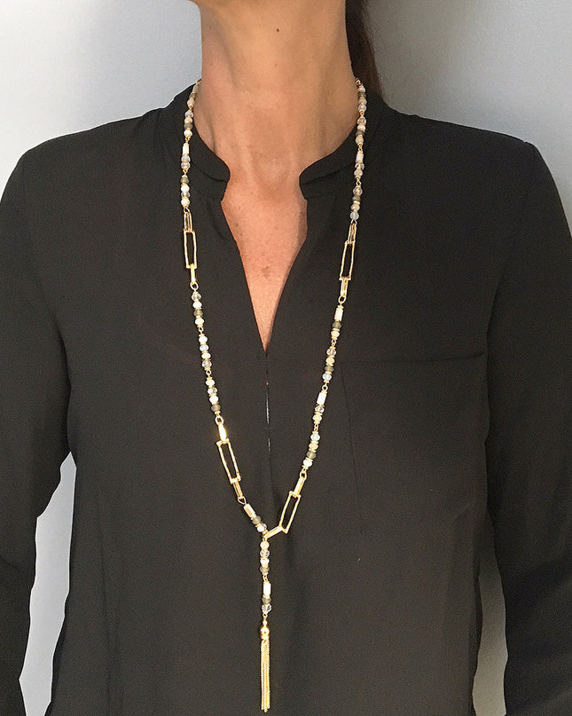 Long mixed bead and metal tassel necklace