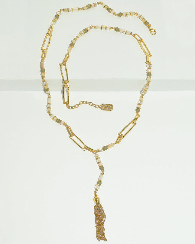 Long mixed bead and metal tassel necklace