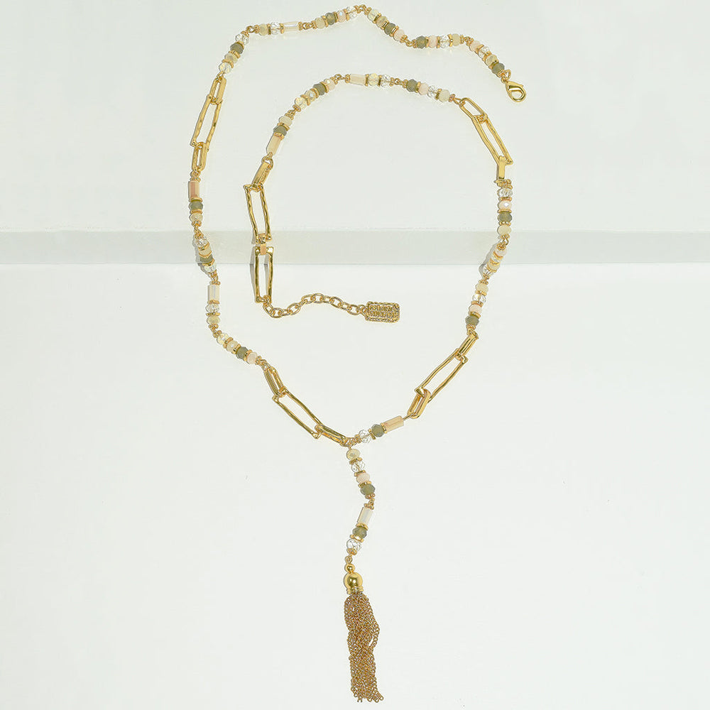 Long mixed bead and metal tassel necklace