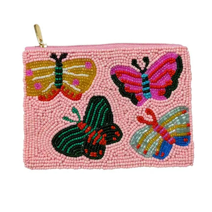 Ladies Fully Beaded Pink Butterfly Coin Purse