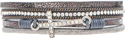 Silver Bling Cross Grey Strip Magnetic Bracelet