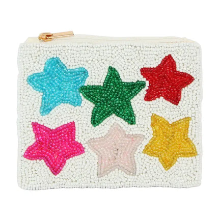 Ladies White Fully Beaded Stars Fashion Coin Purse