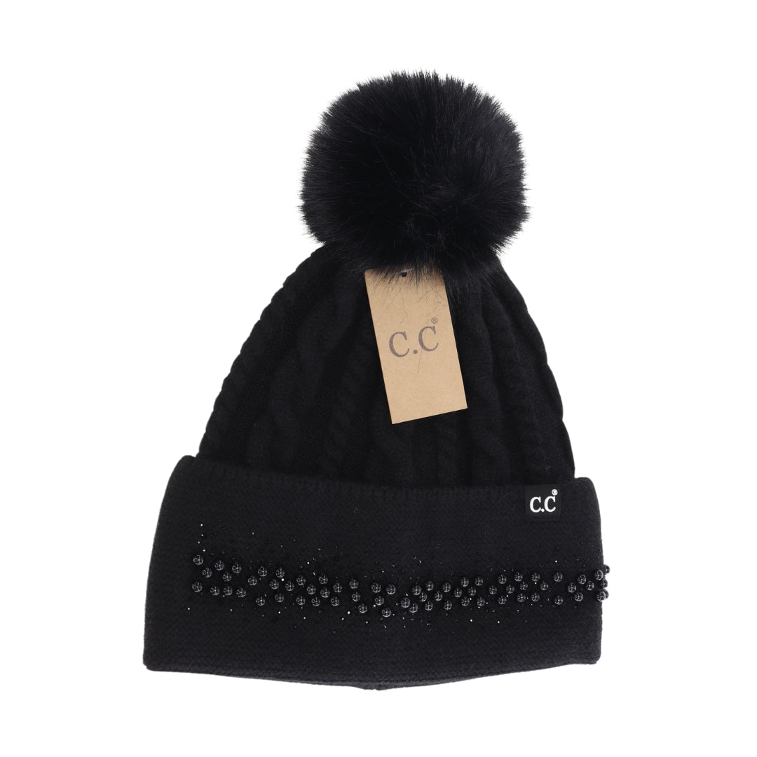 C.C Pearl Rhinestone Embellishment Pom Beanie