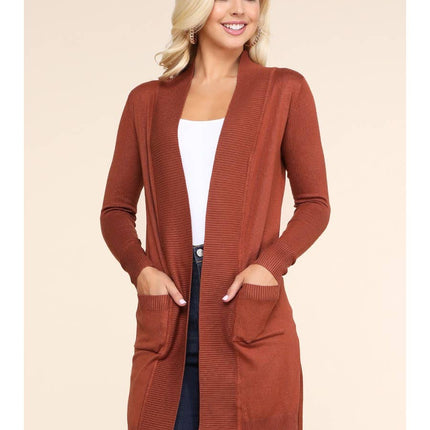 Long Sleeve Open Front Cardigan with Side Pockets