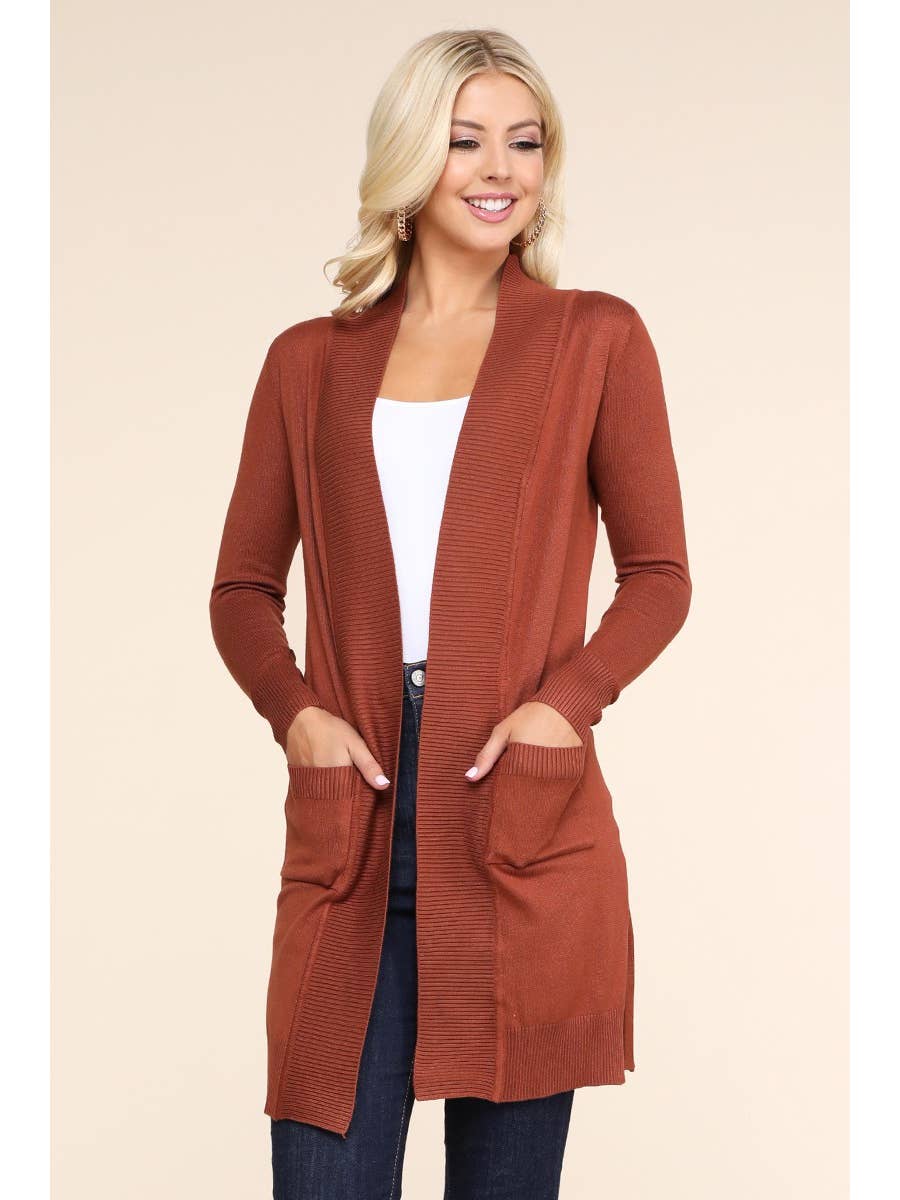 Long Sleeve Open Front Cardigan with Side Pockets