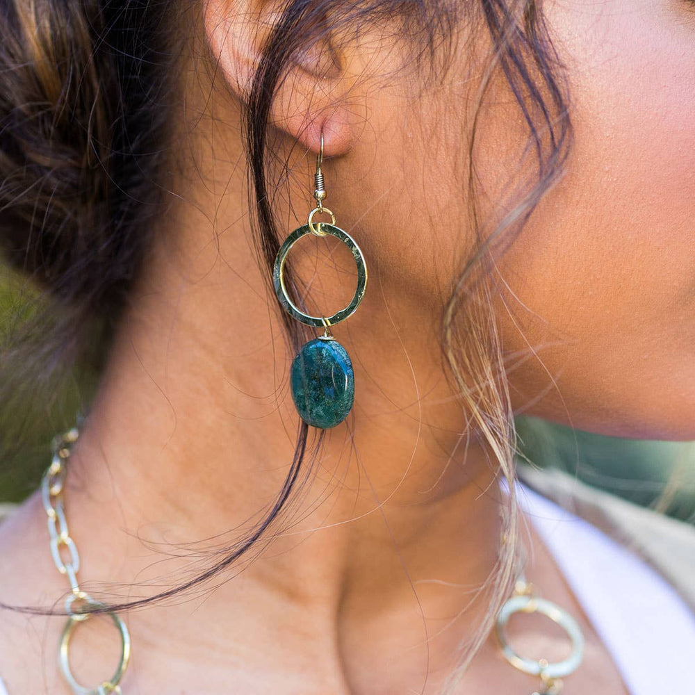 Gold-Plated Long Earrings with Moss Agate Stones