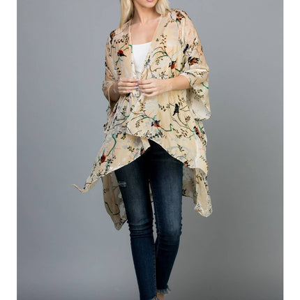 LA SOUL Bird With Branches Print Velvet Kimono