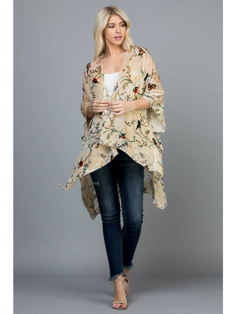 LA SOUL Bird With Branches Print Velvet Kimono