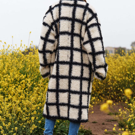 Plaid Pockets Notched Lapels Collar Long Coat
