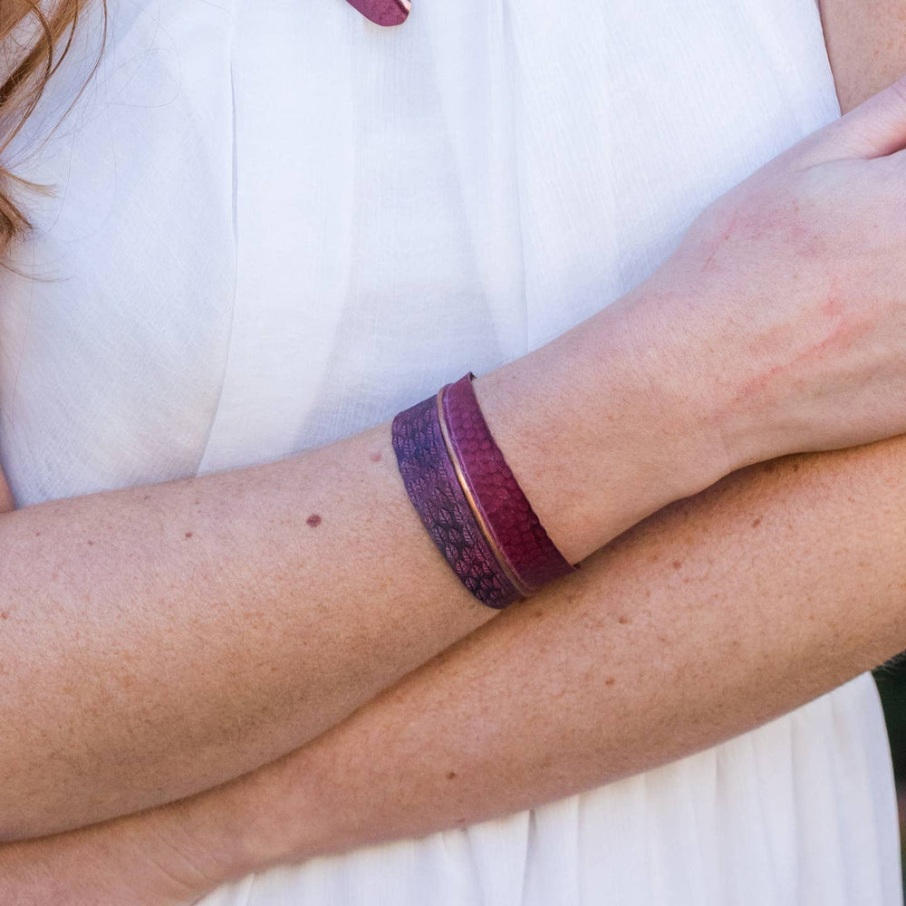 Copper Patina Bracelet - Red Feathers and Circles