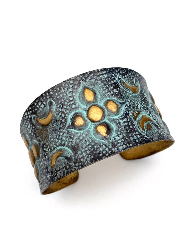 Brass Patina Bracelet - Aqua and Brown Arabic Flower