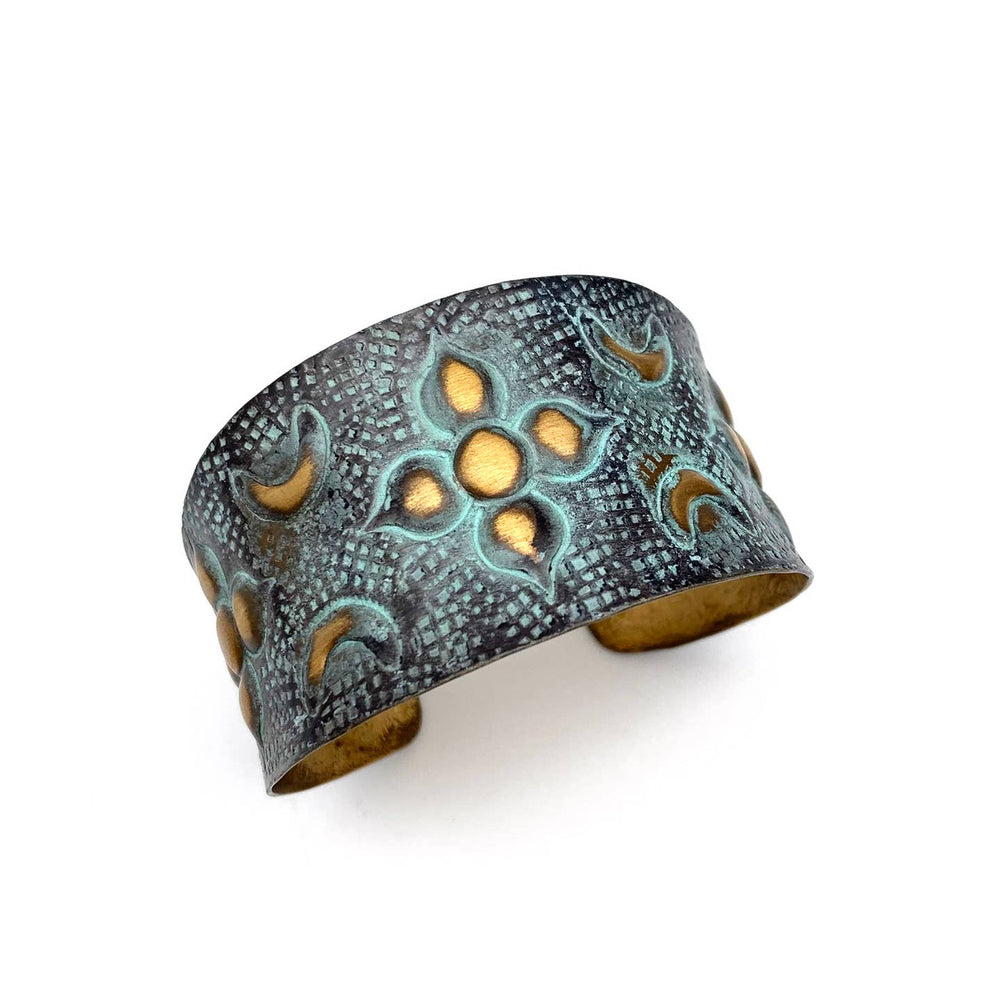 Brass Patina Bracelet - Aqua and Brown Arabic Flower