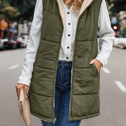Reversible Sherpa Puffer Long Vest with Hood