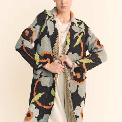 Printed Button Down Cardigan with Front Pockets