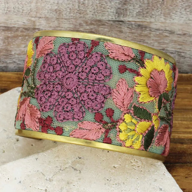 ZAD Mesh Pink Flower Embroidered Elegance Cuff Bracelet